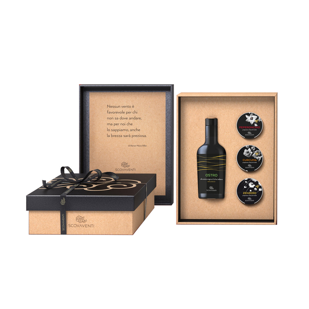 Gift Box of Organic Extra Virgin Olive Oil (500ml) and Honey (125g jars)